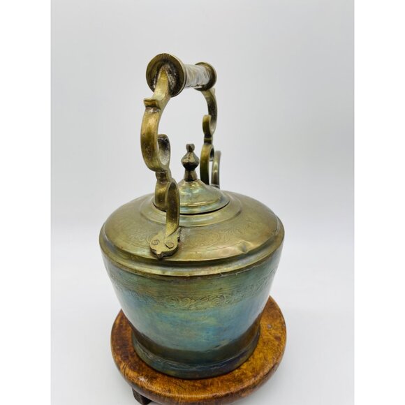 Antique Brass Teapot With Ornate Handle & Spout On Wooden Base Early 20th Centur - Picture 4 of 8